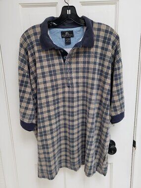 Vintage Structure Polo Shirt Mens XL Navy Beige Plaid Heavyweight Cotton 90s
